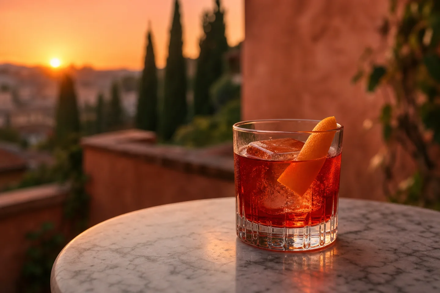 A Negroni with an orange twist, overlooking a sunlit terrace